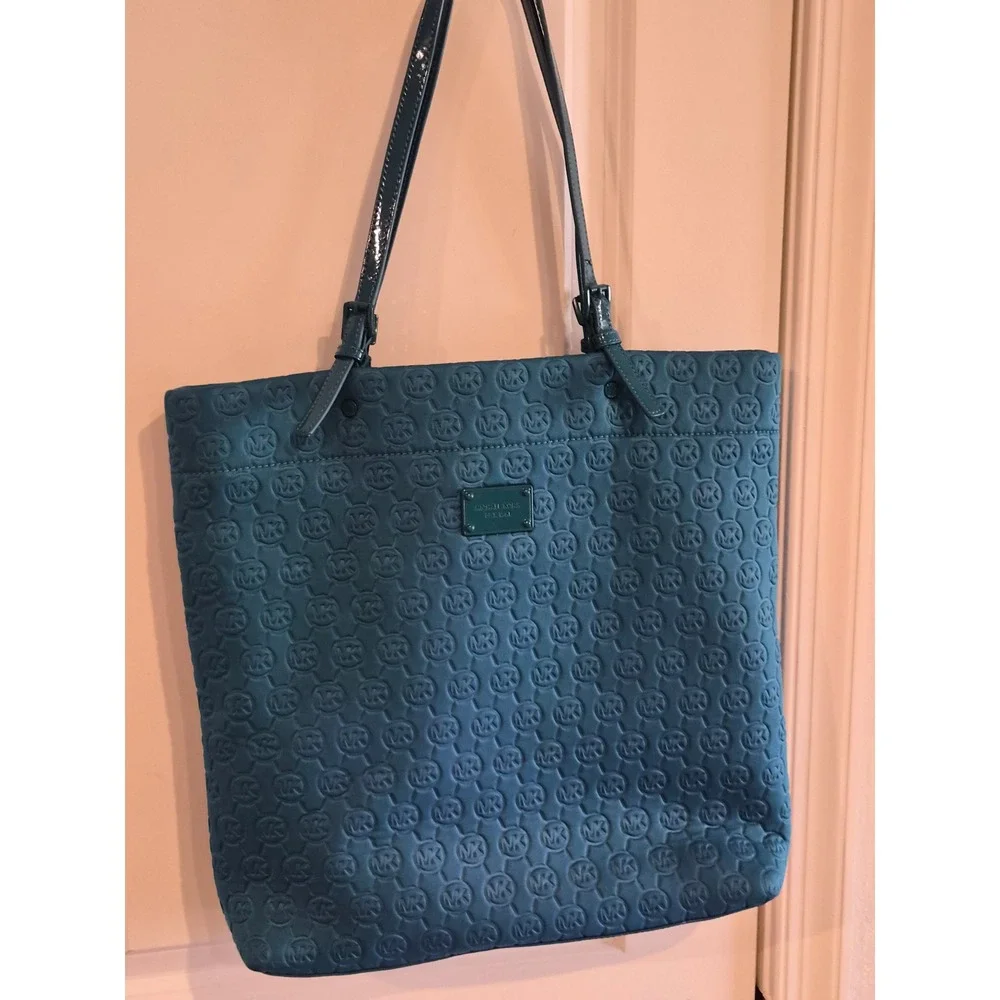 Michael Kors Teal Embossed MK Logo Canvas Tote Bag Patent Leather‎ Trim Est 1981